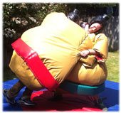 two adults wrestling wearing sumo suits